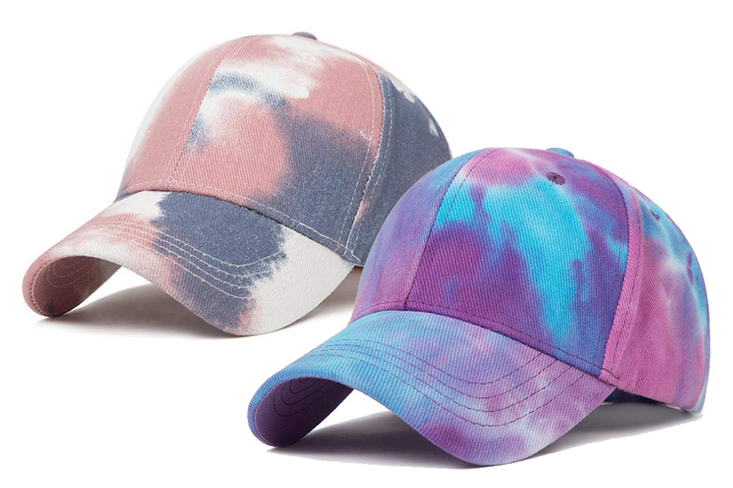 2-Pieces Tie-Dye Baseball-Cap for Women Girl Rainbow Cute Washed Dad Hat (Blue+Pinke 2pc)