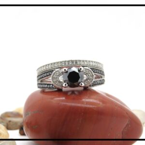 Dazzlingrock Collection 6mm Round Black Diamond & White Diamond Solitaire Style Collar Split Shank Wedding Ring Set for Her in 925 Sterling Silver Size 6.5