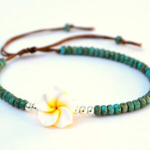 Boho Beaded Anklet for Women and Teen Girls, Unique Bohemian Turquoise and Sterling Silver Beaded Anklet with Hawaii Hawaiian Plumeria Flower, Handmade by Tribes