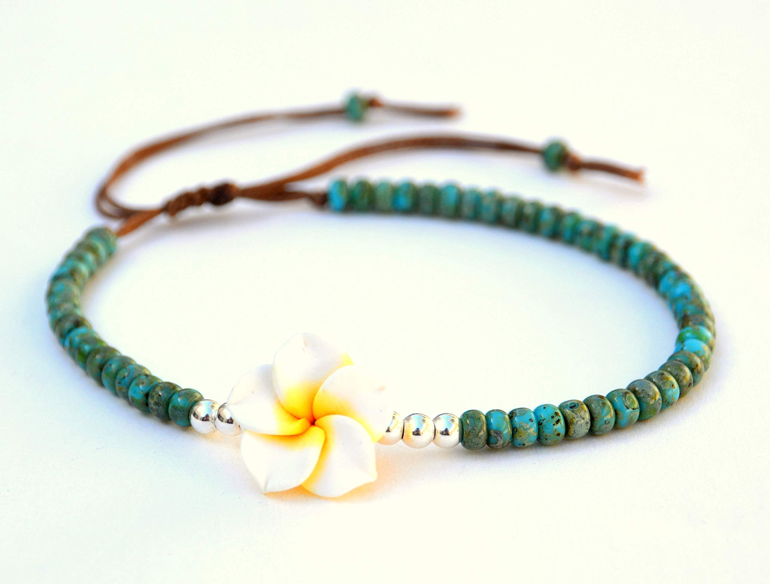 Boho Beaded Anklet for Women and Teen Girls, Unique Bohemian Turquoise and Sterling Silver Beaded Anklet with Hawaii Hawaiian Plumeria Flower, Handmade by Tribes