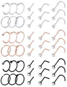 ftovosyo 20g nose rings studs surgical steel nose rings hoop piercing jewelry for women men set 45pcs silver rose gold black l shaped screw nose stud