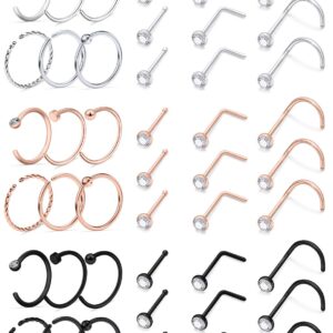 Ftovosyo 20g Nose Rings Studs Surgical Steel Nose Rings Hoop Piercing Jewelry for Women Men Set 45pcs Silver Rose Gold Black L Shaped Screw Nose Stud