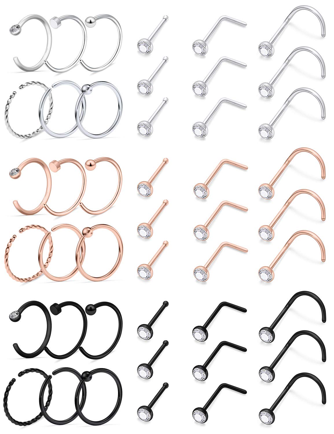 Ftovosyo 20g Nose Rings Studs Surgical Steel Nose Rings Hoop Piercing Jewelry for Women Men Set 45pcs Silver Rose Gold Black L Shaped Screw Nose Stud