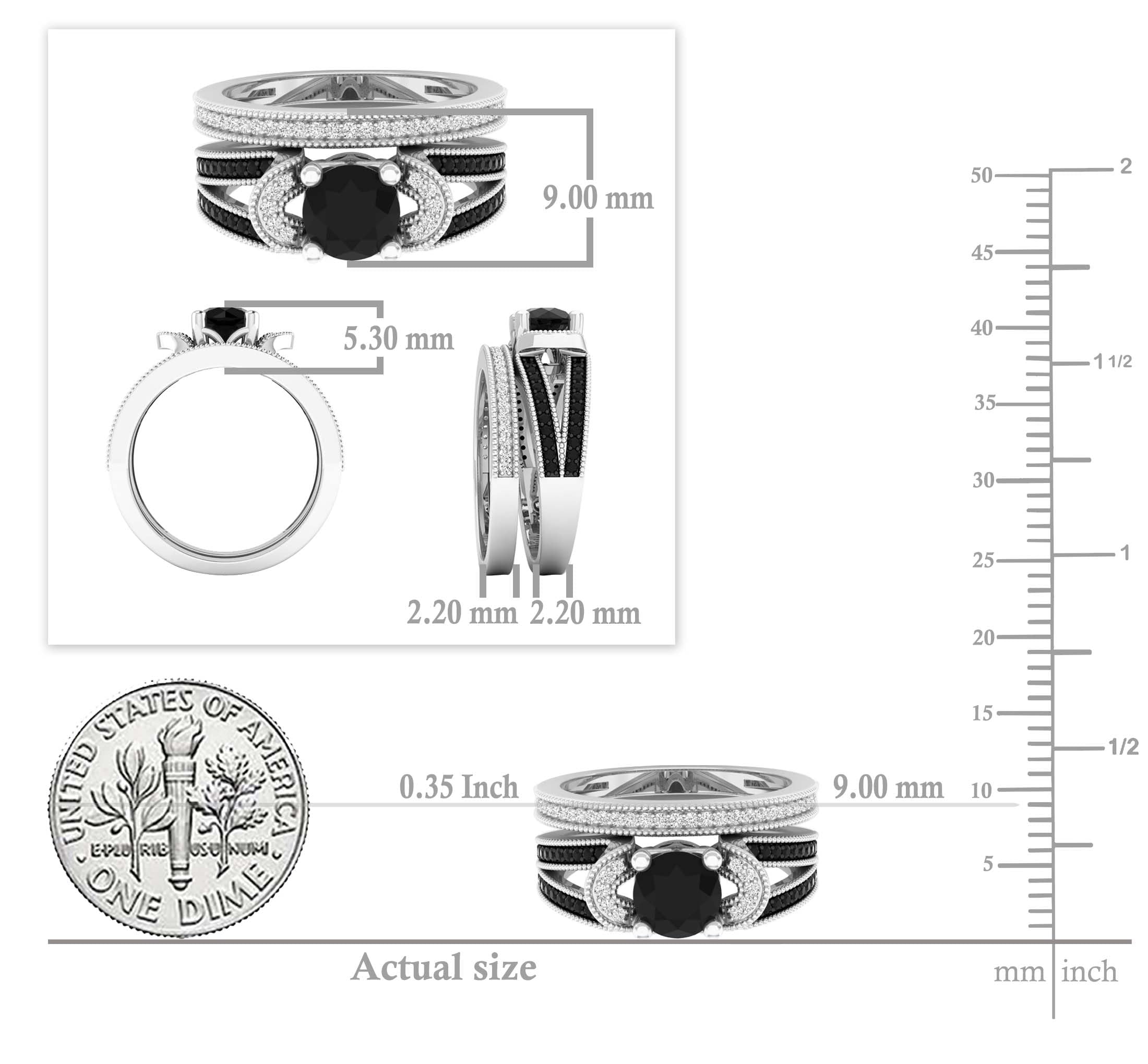 Dazzlingrock Collection 6mm Round Black Diamond & White Diamond Solitaire Style Collar Split Shank Wedding Ring Set for Her in 925 Sterling Silver Size 6.5