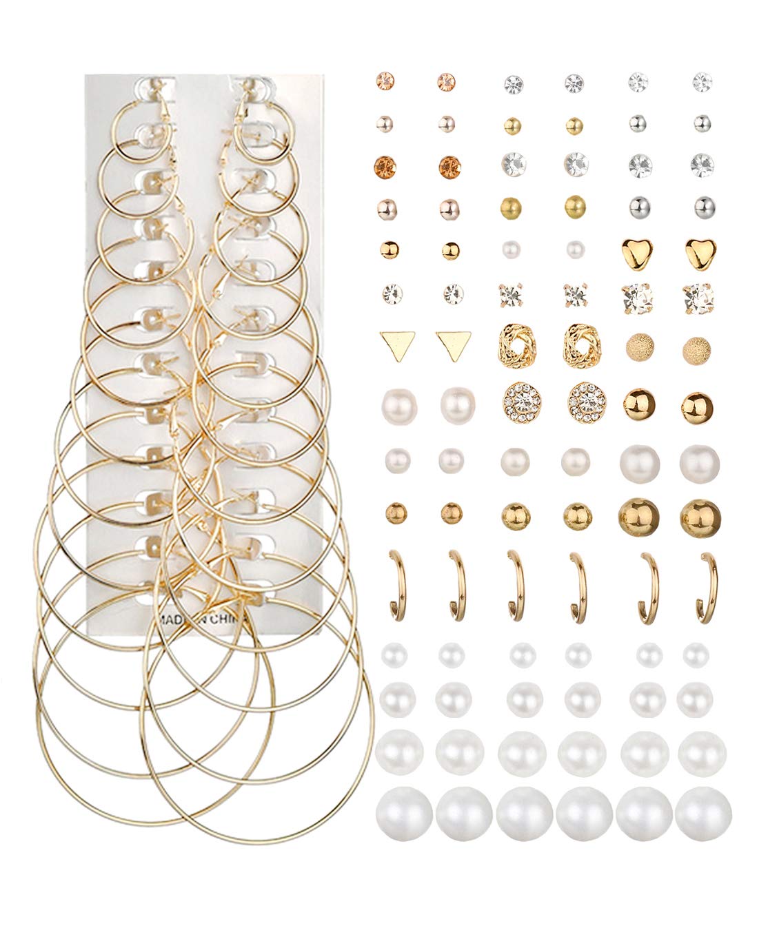 Ofeiyaa 57 Pairs Assorted Multiple Stud Hoop Earrings for Women Crystal Pearl Stud Earrings Set