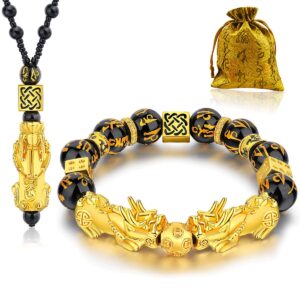 feng shui black obsidian wealth bracelet necklace pi xiu set for women men, good luck necklace feng shui bracelet