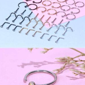 Ftovosyo 20g Nose Rings Studs Surgical Steel Nose Rings Hoop Piercing Jewelry for Women Men Set 45pcs Silver Rose Gold Black L Shaped Screw Nose Stud