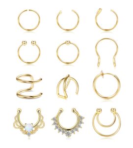 orazio 12pcs fake nose rings hoop stainless steel faux septum piercing clip on nose septum ring faux non-pierced nose rings earrings jewelry