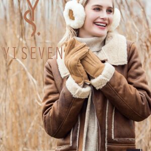 YISEVEN Women's Merino Rugged Sheepskin Shearling Leather Gloves Mittens Sherpa Fur Cuff Thick Wool Lined and Heated Warm for Winter Cold Weather Dress Driving Work New Year Gifts, Camel Medium