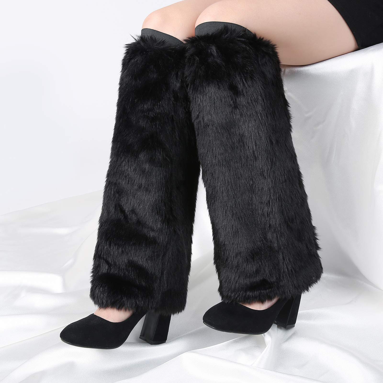 JANFINE Women's Fur Leg Warmers Boot Winter Faux Rabbit Fur Furry Fuzzy Leg Warmer Cuffs Cover For Women(40CM-Black)