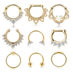 JOERICA 9 Pcs Stainless Steel Septum Hoop Nose Rings Cartilage Daith Earrings Clicker CZ Body Piercing Jewelry