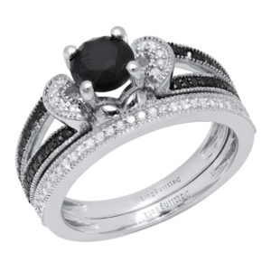 Dazzlingrock Collection 6mm Round Black Diamond & White Diamond Solitaire Style Collar Split Shank Wedding Ring Set for Her in 925 Sterling Silver Size 6.5