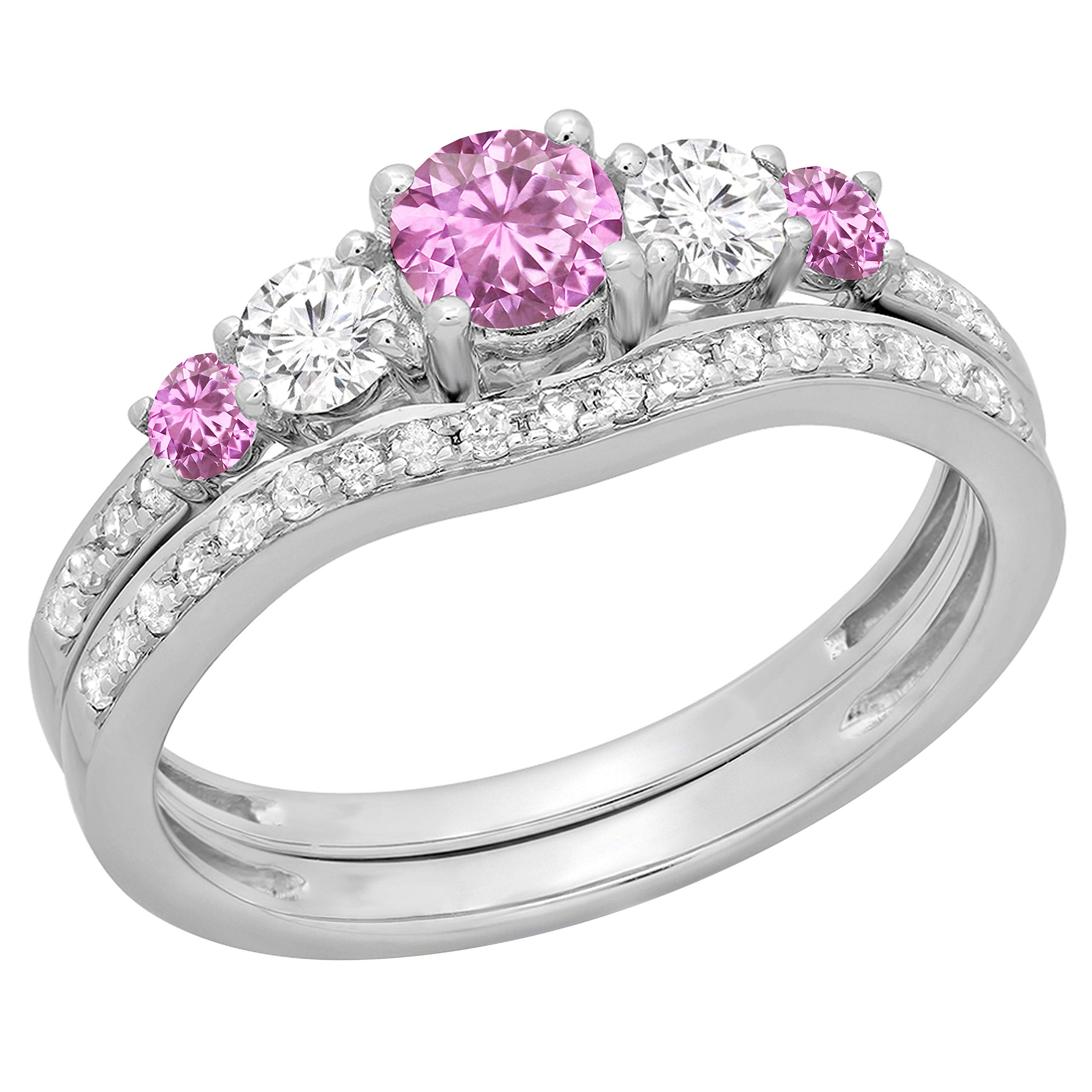 Dazzlingrock Collection Round Pink Sapphire & White Diamond 5 Stone Engagement Ring Matching Band Wedding Ring Set, 10K White Gold, Size 6