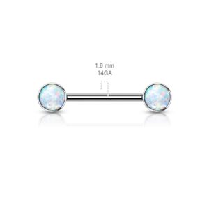 Pierced Owl 14G Implant Grade Titanium Internally Threaded Bezel Set Synthetic Opal Nipple Barbells, Sold as a Pair (White)