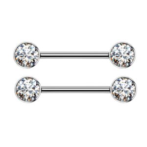 Pierced Owl 14G Implant Grade Titanium Internally Threaded Bezel Set Crystal Nipple Barbells, Sold as a Pair (Clear)