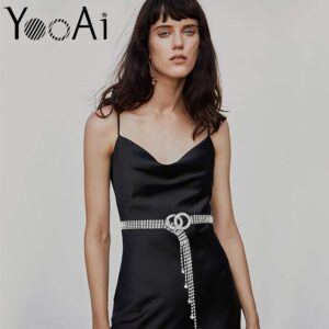 YooAi Crystal Waist Belt for Women Rhinestone Chain Belt O-Ring Waistband Belt for Dress Silver 135cm