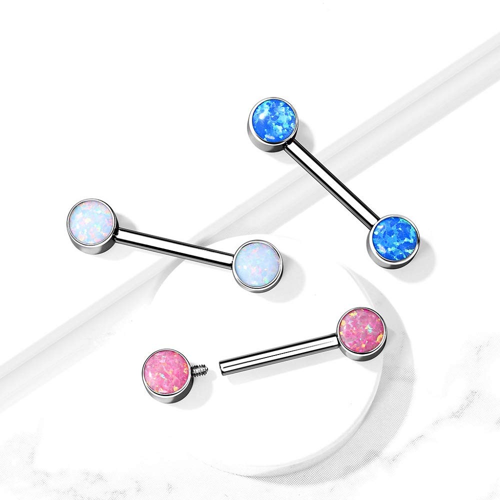 Pierced Owl 14G Implant Grade Titanium Internally Threaded Bezel Set Synthetic Opal Nipple Barbells, Sold as a Pair (White)