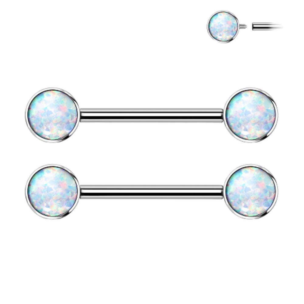 Pierced Owl 14G Implant Grade Titanium Internally Threaded Bezel Set Synthetic Opal Nipple Barbells, Sold as a Pair (White)