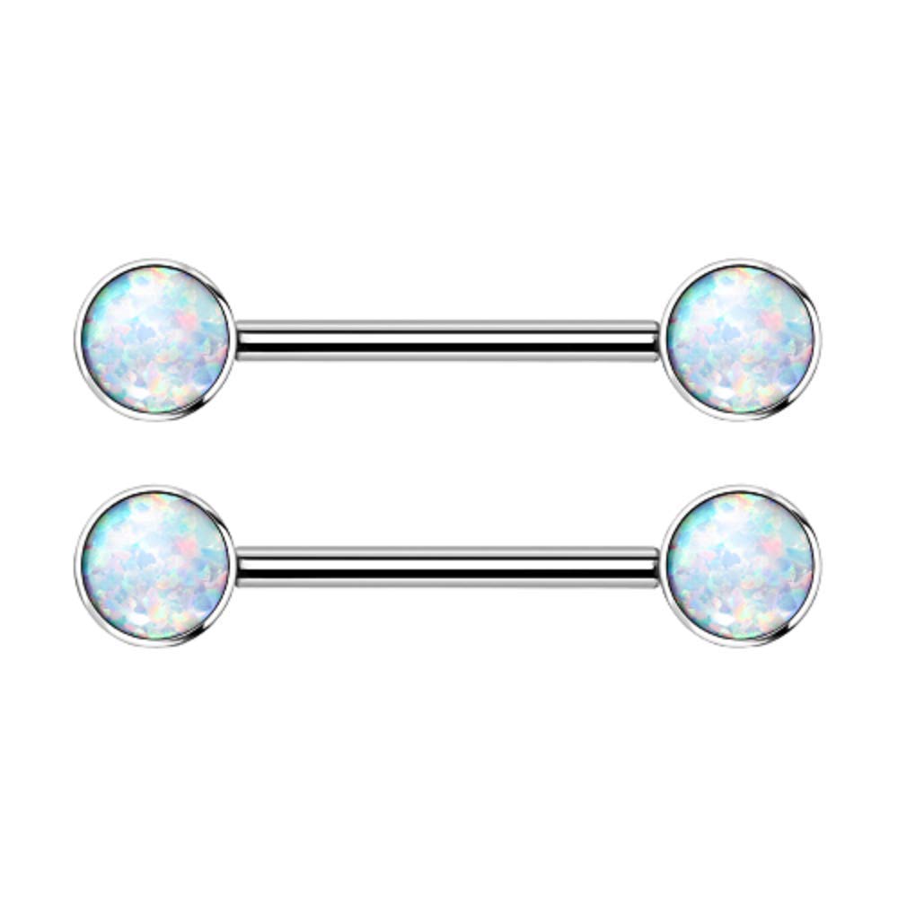 Pierced Owl 14G Implant Grade Titanium Internally Threaded Bezel Set Synthetic Opal Nipple Barbells, Sold as a Pair (White)