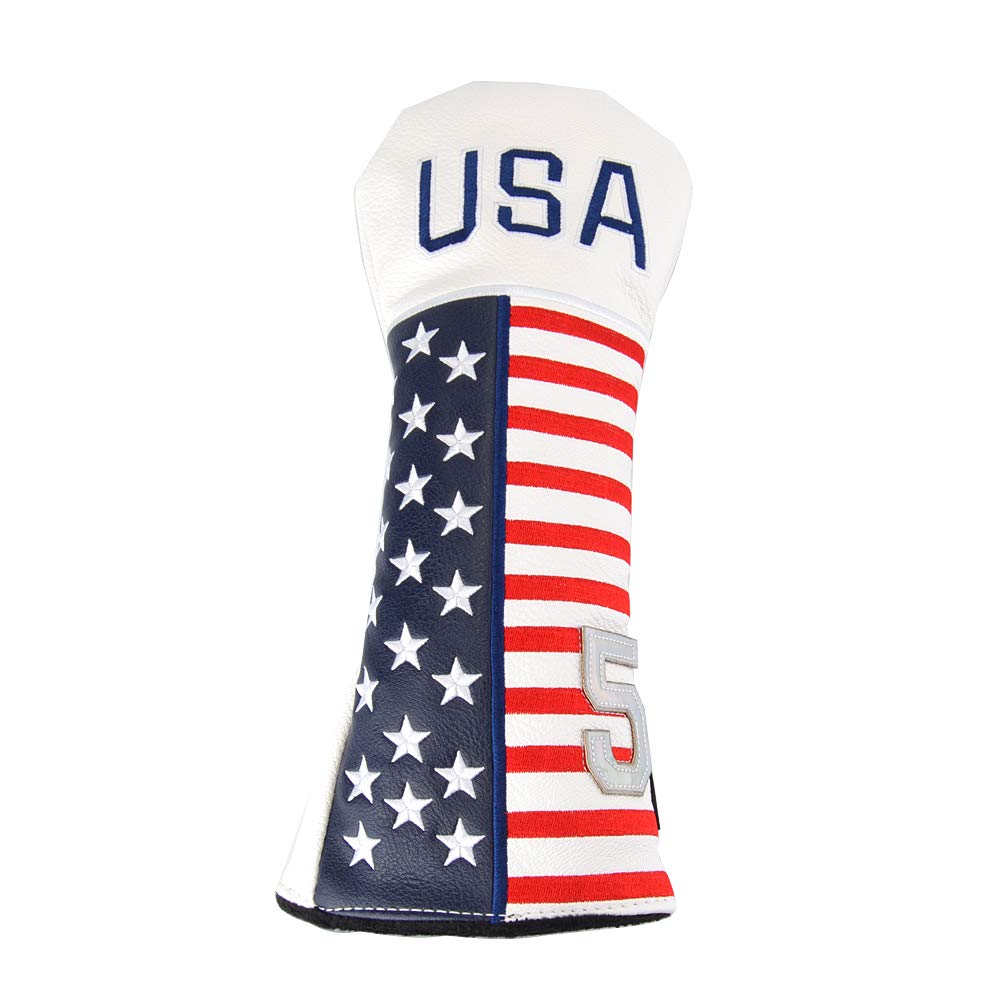 GOOACTION 1PC USA Golf Club Fairway Wood Head Cover with Creative Stars and Stripes American Flag Pattern Synthetic Leather Patriotic Golf Headcovers (Tag 5)