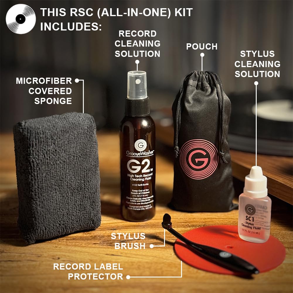 GrooveWasher Record & Stylus Care System – Record Cleaning Fluid & Large Scratch-Free Cleaning Pad with Delicate Stylus Brush & Cleaning Solution + Bonus Label Mask, Protect & Preserve Vinyl Records