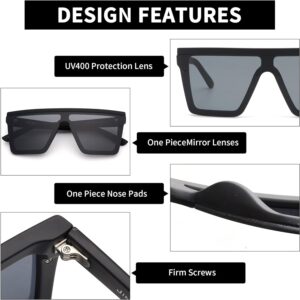 JIM HALO Flat Top Shield Sunglasses Square Mirror Rimless Glasses for Women Men (Matte Black Frame/Grey Lens)