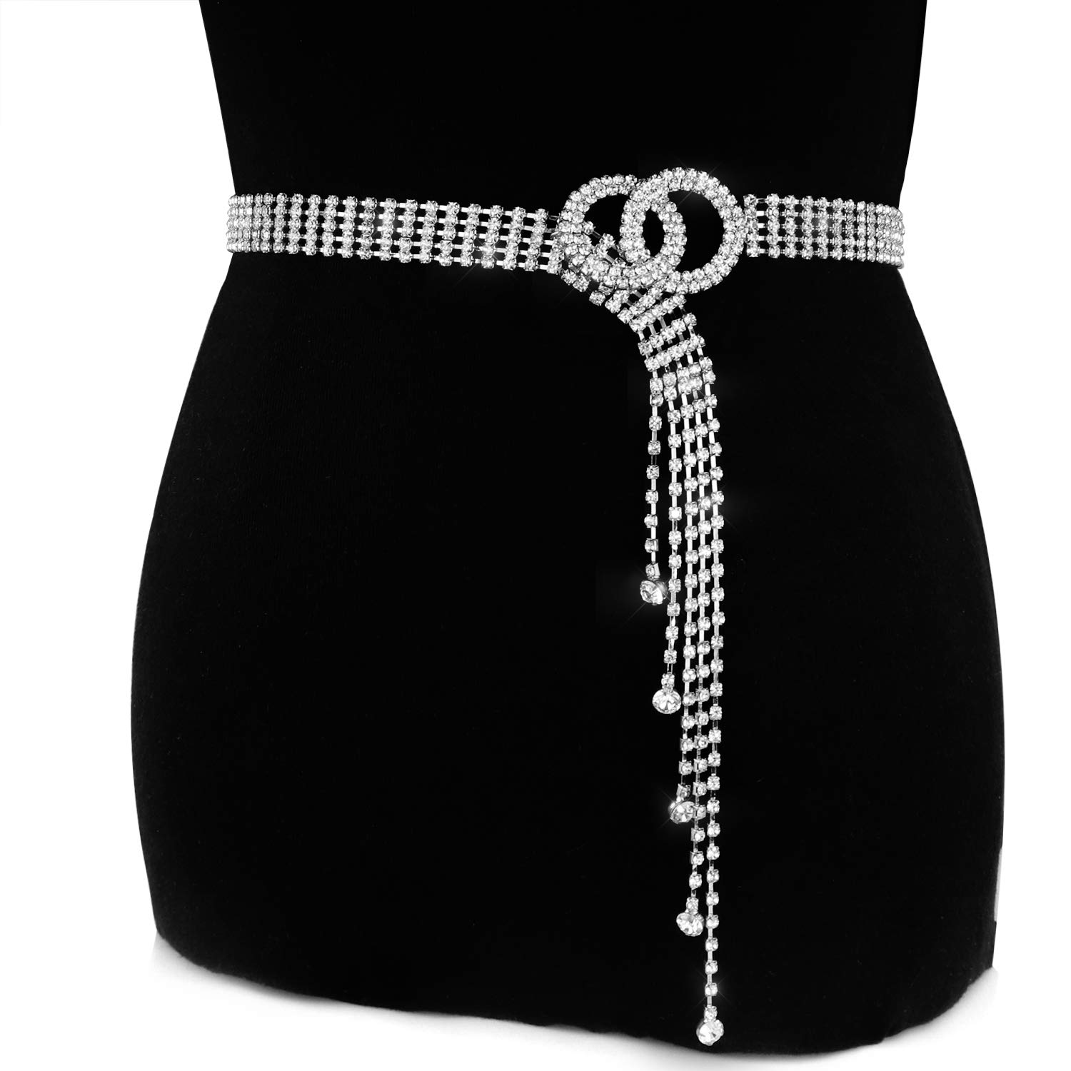 YooAi Crystal Waist Belt for Women Rhinestone Chain Belt O-Ring Waistband Belt for Dress Silver 135cm