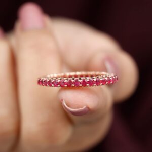 2 CT Minimal Ruby Full Eternity Ring for Women, Round Cut Ruby and Gold Eternity Ring, Red Ruby Full Eternity Ring with Diamond, 14K Rose Gold, Size:US 8.00