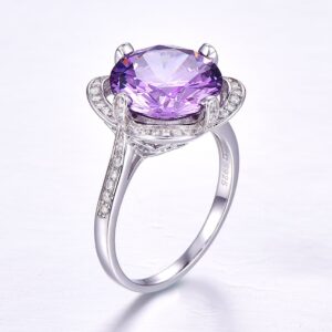 Merthus 10x10mm Round Simulated Amethyst 925 Sterling Silver Cocktail Flower Ring for Women Size 8