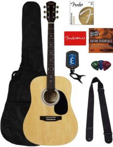 fender squier dreadnought acoustic guitar - natural bundle with gig bag, strap, strings, picks, fender play online lessons, and austin bazaar instructional dvd