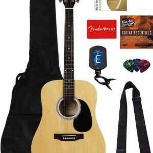 Fender Squier Dreadnought Acoustic Guitar - Natural Bundle with Gig Bag, Strap, Strings, Picks, Fender Play Online Lessons, and Austin Bazaar Instructional DVD