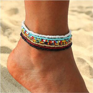 kelistom Boho Anklet for Women Teen Girls Handmade Elastic Beaded Ankle Bracelets for Women Summer Foot Jewelry (7PCS)