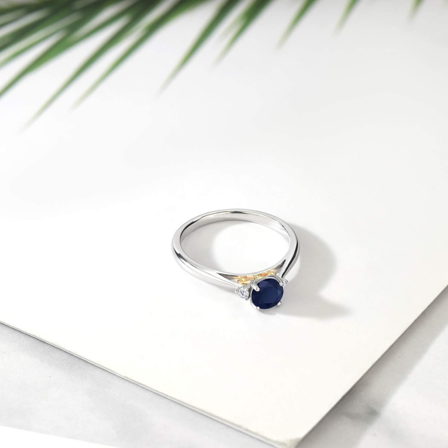 Gem Stone King 925 Sterling Silver and 10K Yellow Gold Blue Sapphire and White Lab Grown Diamond Engagement Ring For Women (0.64 Cttw, Gemstone September Birthstone, Available in size 5, 6, 7, 8, 9)