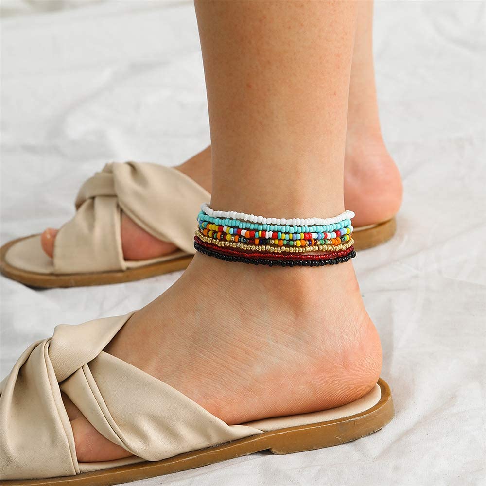 kelistom Boho Anklet for Women Teen Girls Handmade Elastic Beaded Ankle Bracelets for Women Summer Foot Jewelry (7PCS)