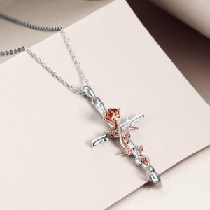 LUHE Women Cross Necklace Sterling Silver Rose/Daisy Flower Religious Cross Pendant Necklace Jewelry Gifts