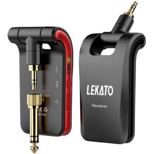 lekato wireless guitar system 2.4ghz rechargeable audio wireless transmitter receiver 6 channels for guitar bass electric instruments, stereo and mono 1/4” & 1/8” 2 in 1 plugs,black(ws-60)