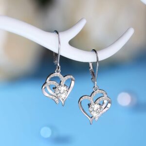 Milacolato 925 Sterling Silver Heart Dangle Earrings 14K White Gold Plated April Birthstone Earrings Sweet Love Heart Leverback Earrings Drop Dangle Hoop Earrings for Women April