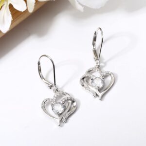 Milacolato 925 Sterling Silver Heart Dangle Earrings 14K White Gold Plated April Birthstone Earrings Sweet Love Heart Leverback Earrings Drop Dangle Hoop Earrings for Women April