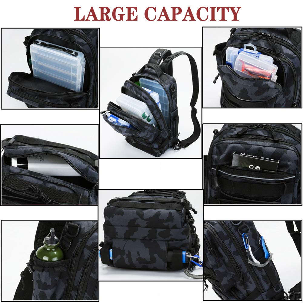 Meprona Fishing Tackle Backpack Storage Bag, Outdoor Shoulder Backpack, Water-Resistant Fishing Gear Bags with Rod Holder and Stainless Steel Fishing Plier (Standard(14.5 * 9 * 5.5 inch)-Black)