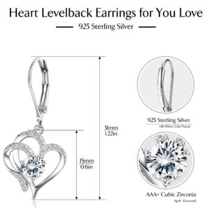 Milacolato 925 Sterling Silver Heart Dangle Earrings 14K White Gold Plated April Birthstone Earrings Sweet Love Heart Leverback Earrings Drop Dangle Hoop Earrings for Women April