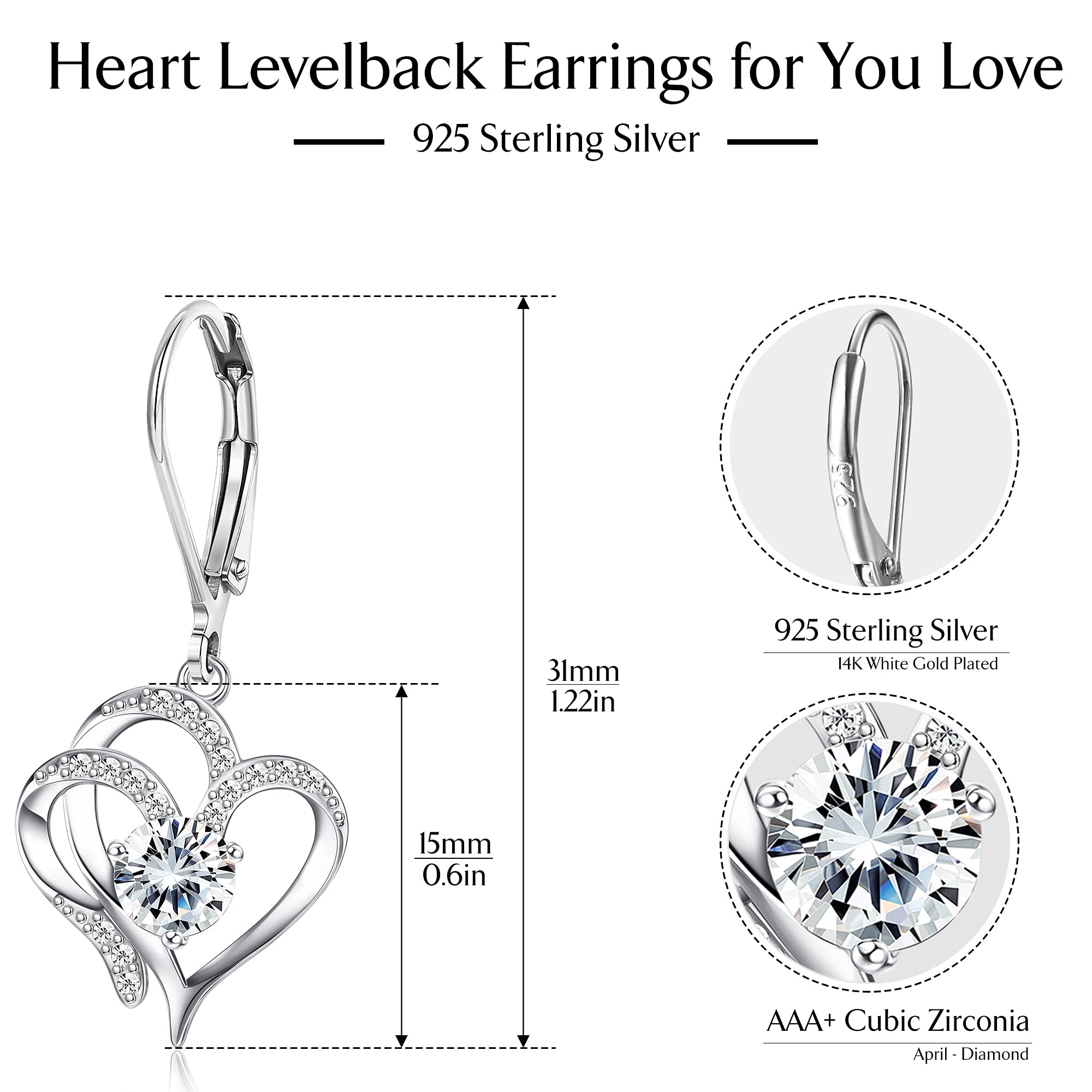 Milacolato 925 Sterling Silver Heart Dangle Earrings 14K White Gold Plated April Birthstone Earrings Sweet Love Heart Leverback Earrings Drop Dangle Hoop Earrings for Women April