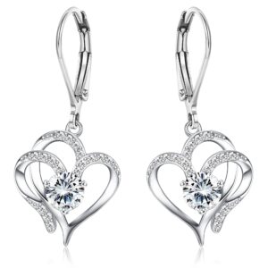 milacolato 925 sterling silver heart dangle earrings 14k white gold plated april birthstone earrings sweet love heart leverback earrings drop dangle hoop earrings for women april