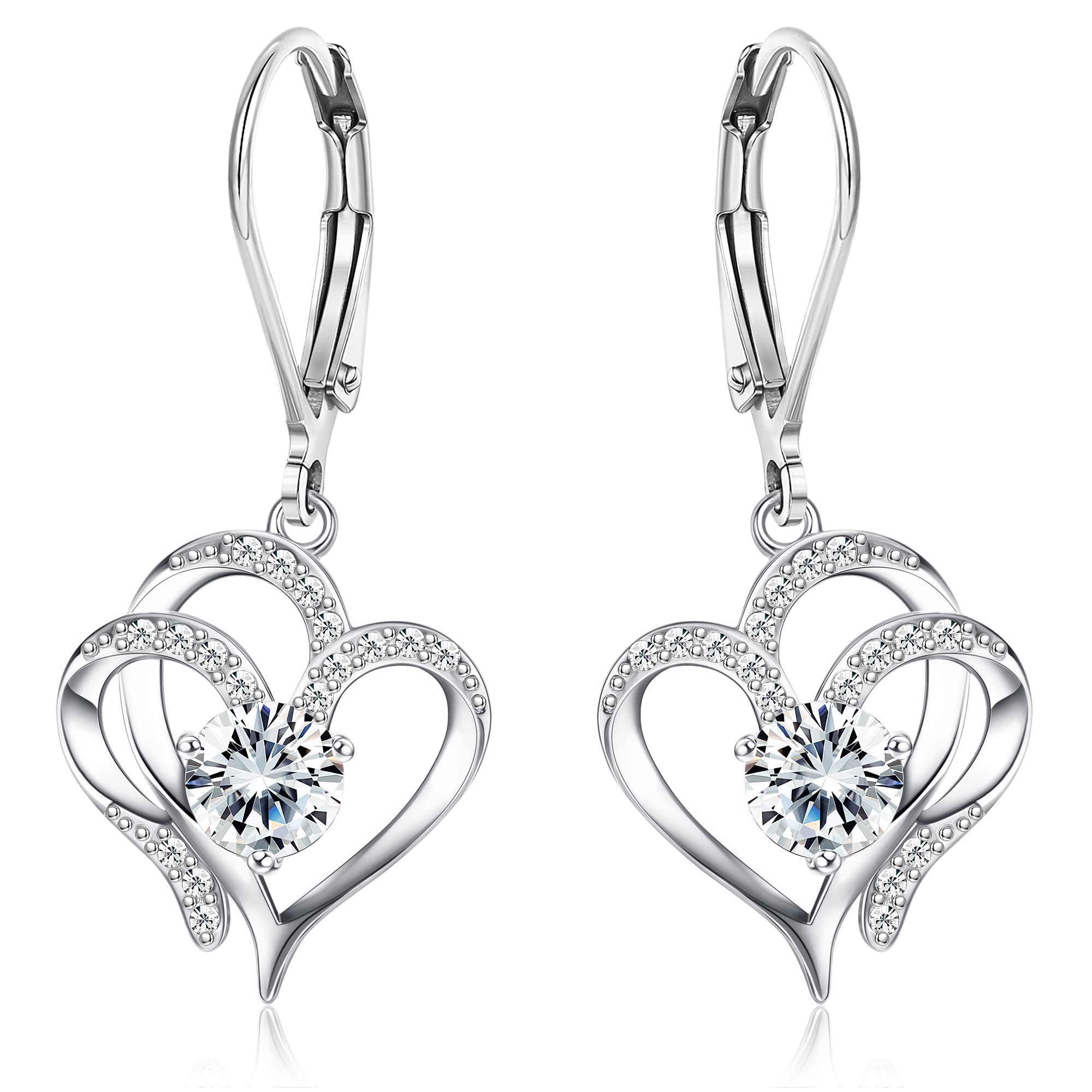 Milacolato 925 Sterling Silver Heart Dangle Earrings 14K White Gold Plated April Birthstone Earrings Sweet Love Heart Leverback Earrings Drop Dangle Hoop Earrings for Women April