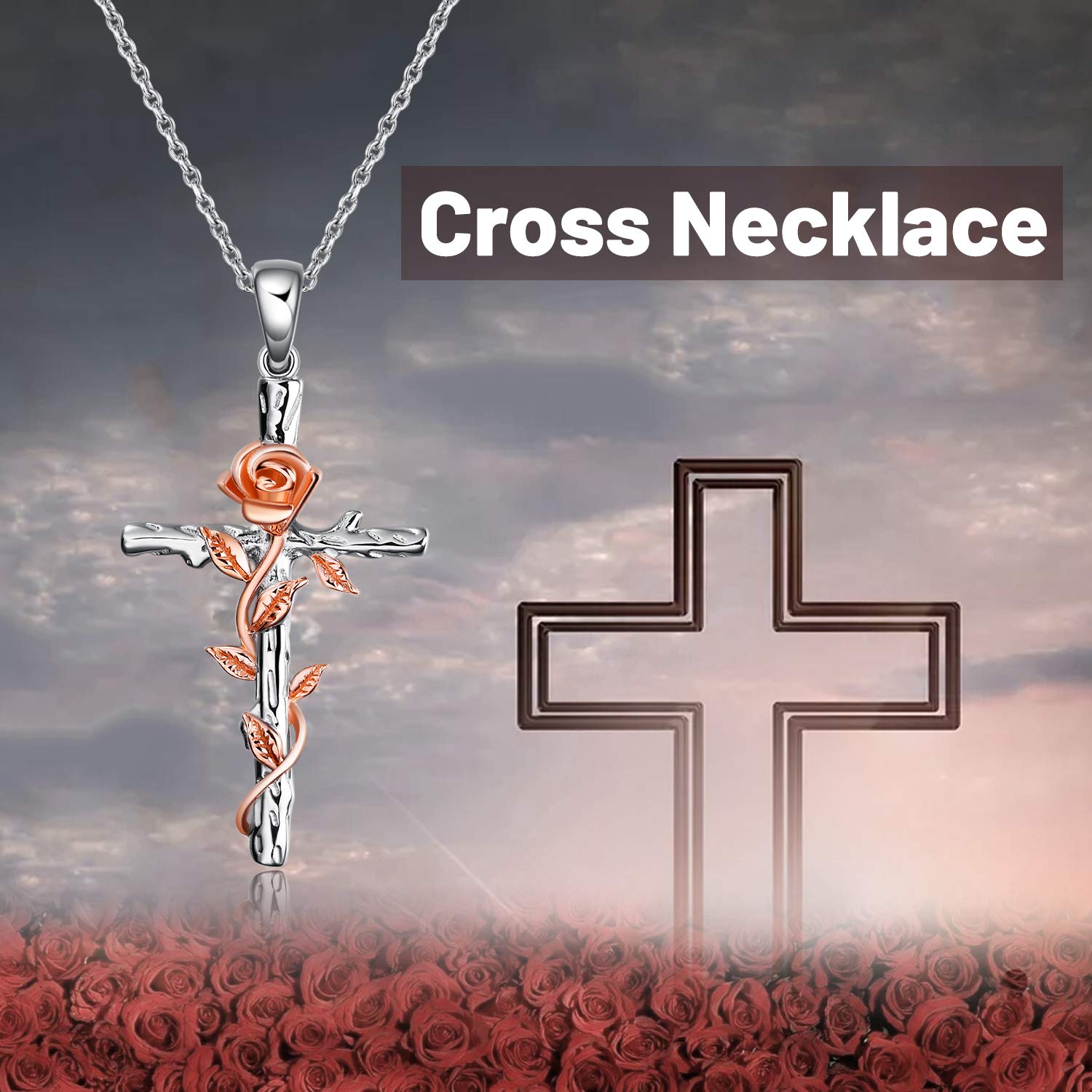 LUHE Women Cross Necklace Sterling Silver Rose/Daisy Flower Religious Cross Pendant Necklace Jewelry Gifts