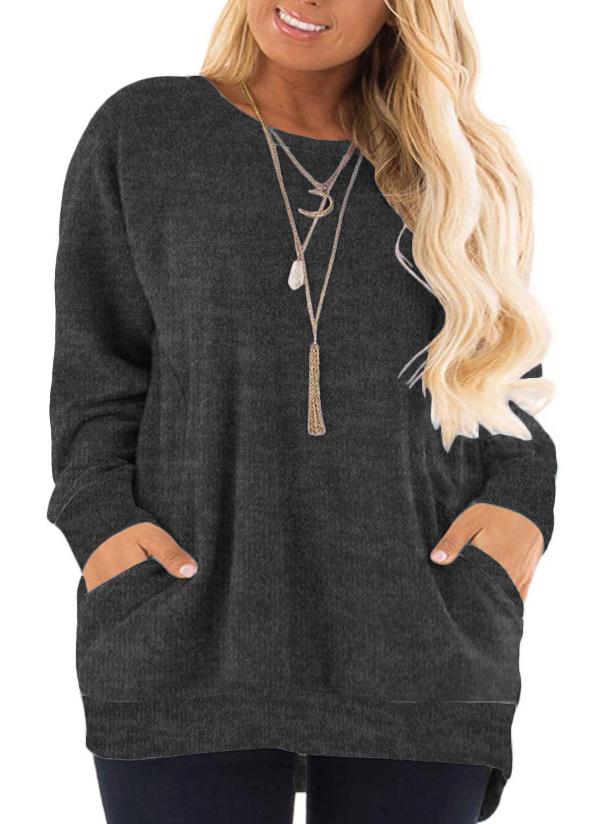 DOLNINE Women's Plus Size Sweatshirts Long Sleeve Tops Pocket T-Shirts Charcoal Grey-28W