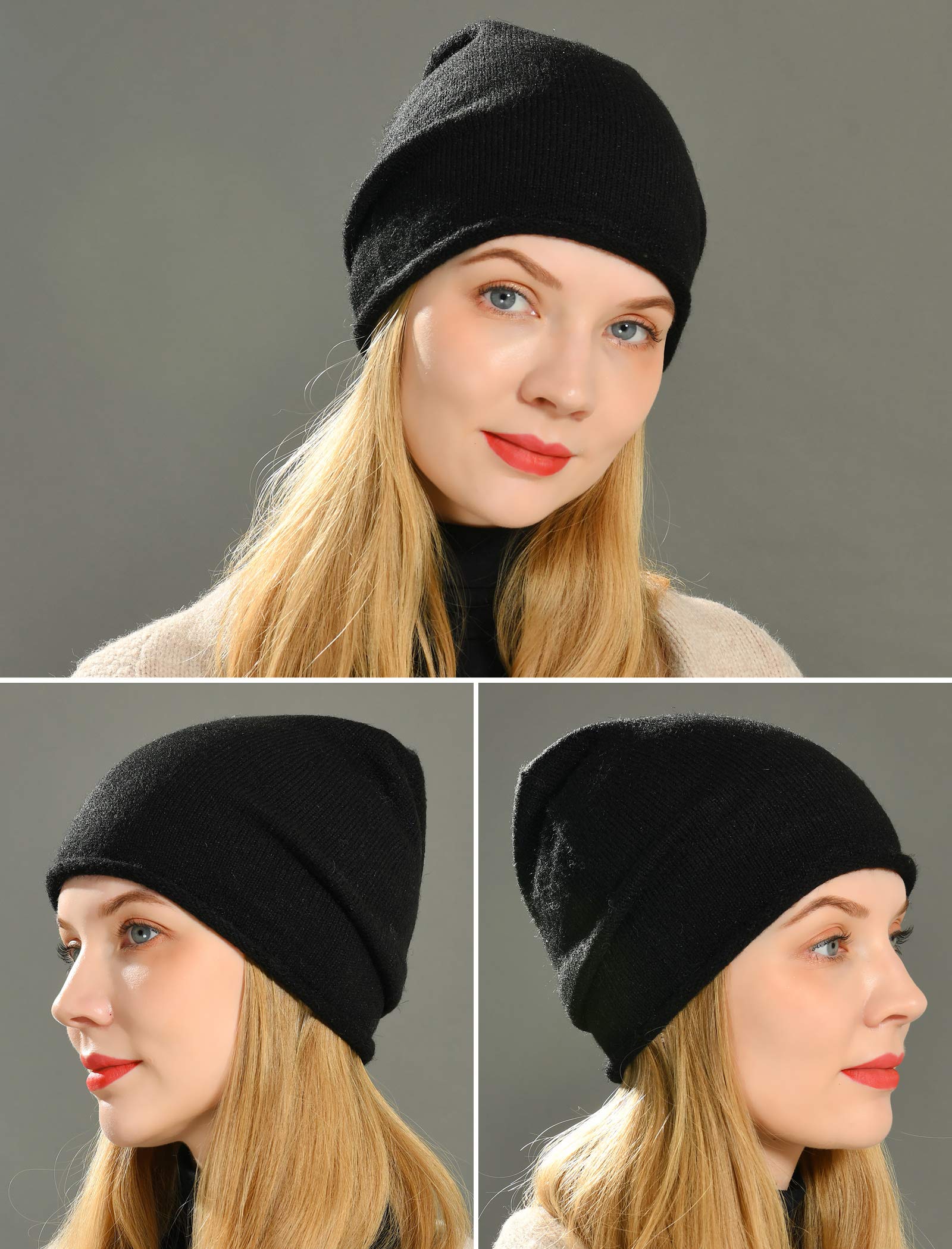 jaxmonoy Winter Knit Beanie Hats for Women ，Cashmere Wool Blend Warm Soft Skully Knitted Slouchy Beanies Cap Hat - Black