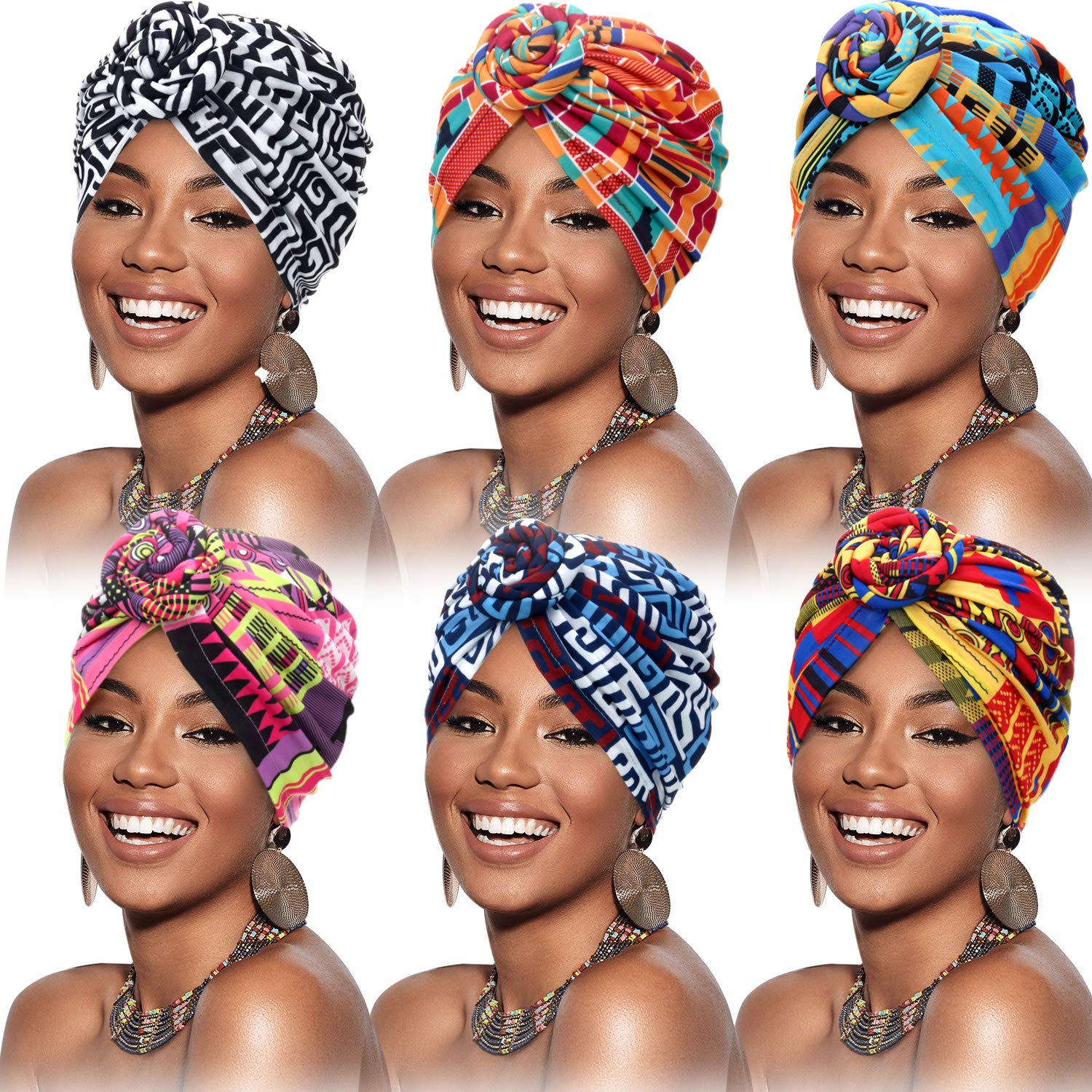 SATINIOR 6 Pieces Women African Turban Flower Knot Pre-Tied Bonnet Beanie Cap Headwrap