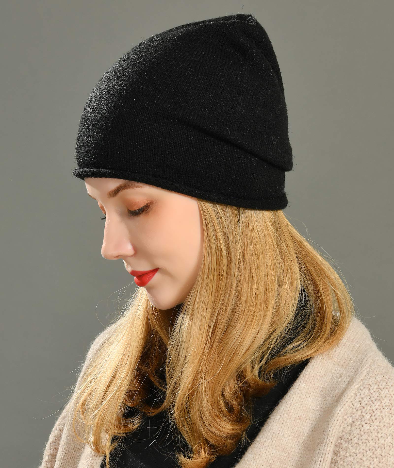 jaxmonoy Winter Knit Beanie Hats for Women ，Cashmere Wool Blend Warm Soft Skully Knitted Slouchy Beanies Cap Hat - Black