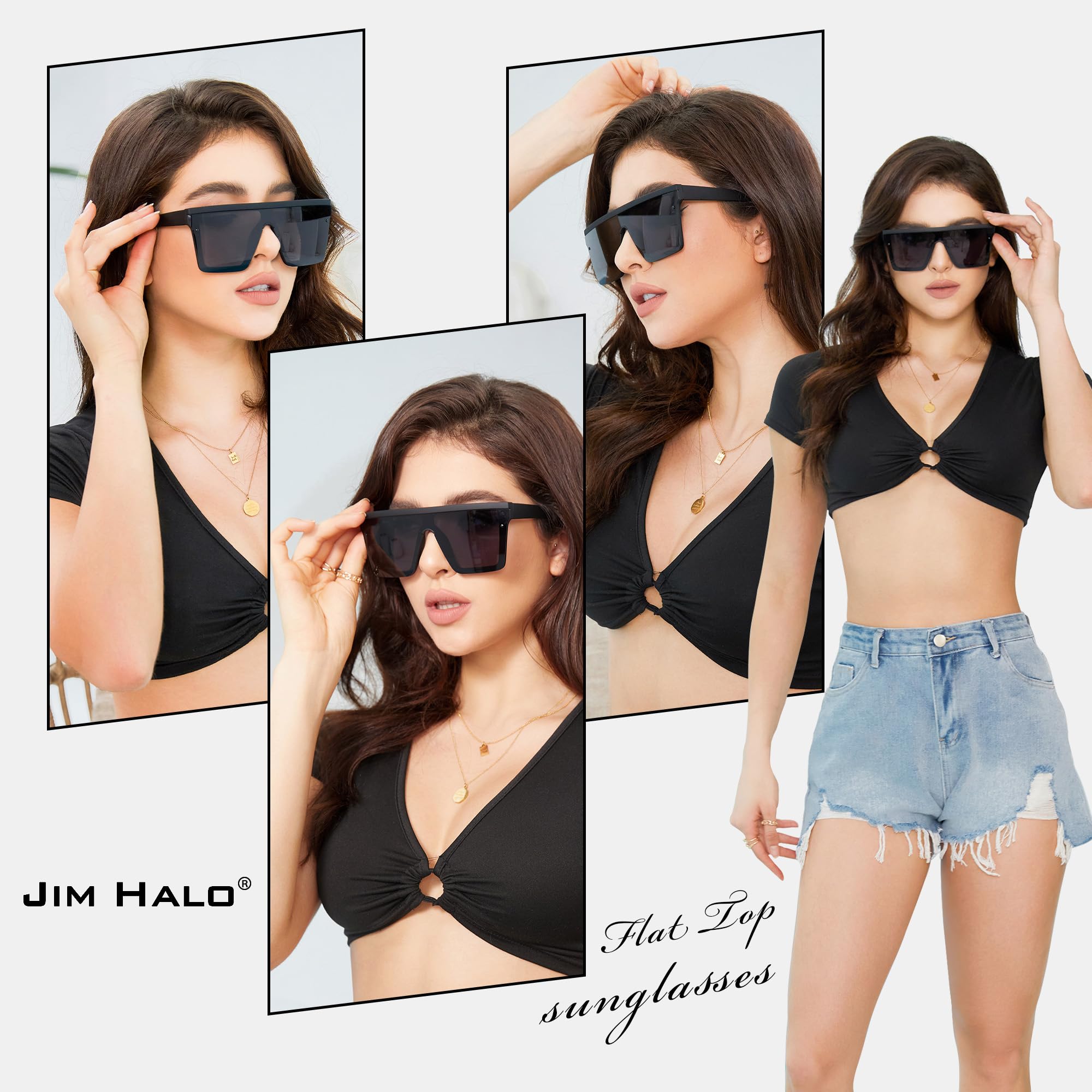 JIM HALO Flat Top Shield Sunglasses Square Mirror Rimless Glasses for Women Men (Matte Black Frame/Grey Lens)