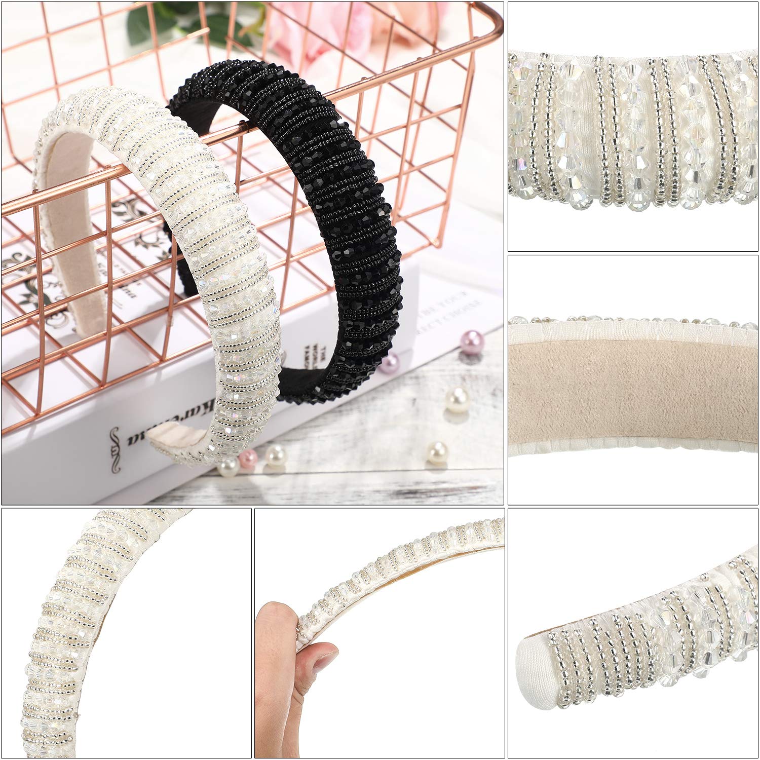 2 Pieces Bachelorette Party Decorations Crystal Rhinestone Headbands Crystal Embellished Headband Velvet Padded Wide Hairbands Party Wedding Headpiece Hair Accessories for Women (Black, White)